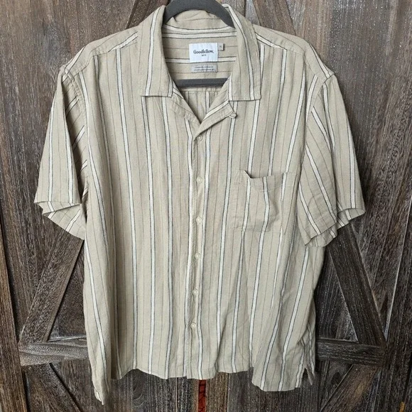 Goodfellow & Co Shirt Mens Size XL Tan White Black Stripes Button Up Linen Blend - Picture 1 of 6